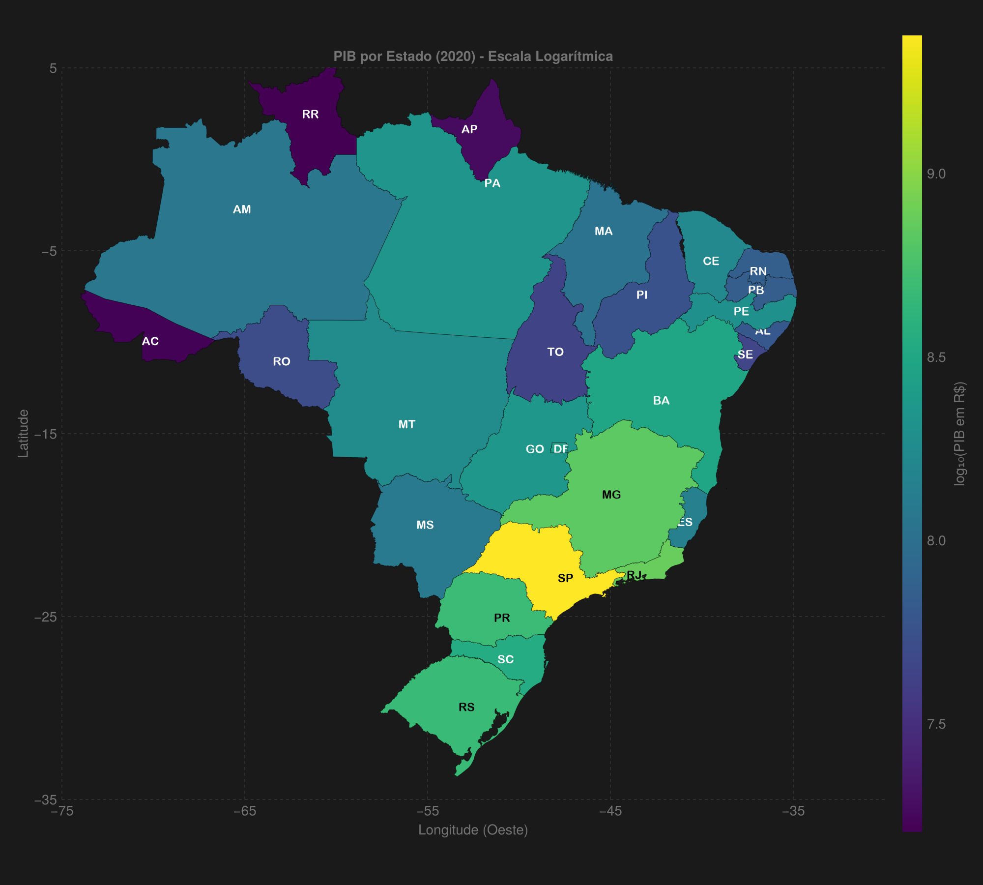 Mapa do Brasil mostrando a distribuição do PIB por estado em 2020, com cores representando valores em escala logarítmica